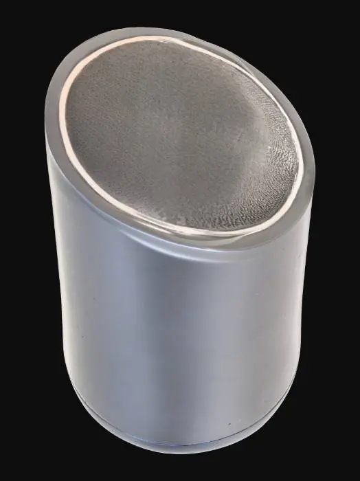 3D model for A sleek modern smart speaker, designed in a futuristic minimalistic style. 
Made entirely of silver or liquid mercury, with a flowing metallic texture that looks like streaming liquid metal. 
Smooth cylindrical body, subtle glowing light ring near the base, and no visible buttons. 
High detail, ultra realistic PBR textures, studio lighting, clean reflections. 
Futuristic product design, premium aesthetic, photorealistic render.