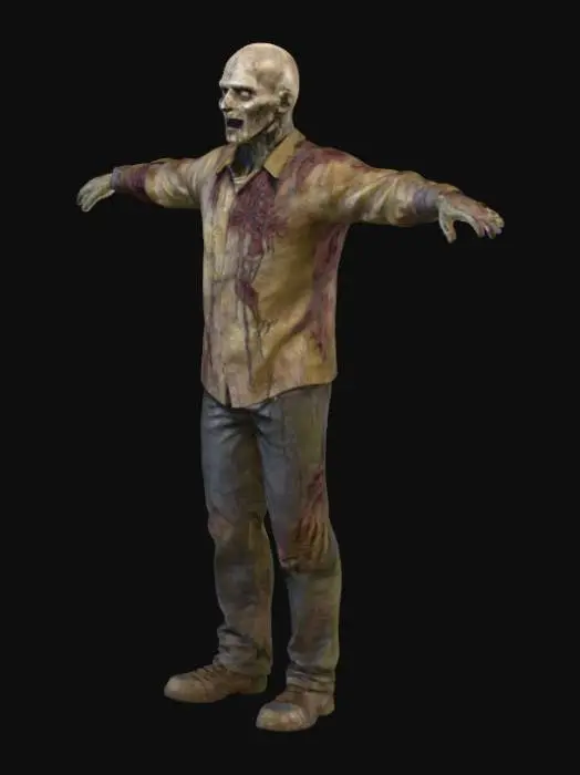 3D model for A highly realistic zombie character in T-pose, on a plain white background. The zombie has pale skin, hollow eyes, torn and dirty clothes with light blood stains, looking frightening but not exaggerated. Style inspired by The Walking Dead, Left 4 Dead, and Dying Light zombies.