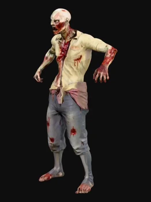 3D model for Get The walking dead movie referance, T-pose zombie, realistic body, bloody clothes, high details texture, LOW POLY, hands have 5 fingers