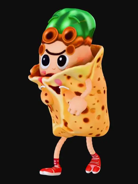 3D model for A stylized 3D character render of a cute, anthropomorphic burrito. The main body is a chubby, wrapped flour tortilla burrito, slightly textured but smooth and friendly. Attached to the front are large, wide-set, round cartoon eyes with simple highlights and a charming, innocent expression. The arms and legs are extremely simple, resembling hand-drawn stick figures or thin black noodle lines with basic nubs for hands and feet, poking out from the sides of the tortilla wrap. The overall aesthetic is whimsical, playful, and toy-like, with soft, vibrant lighting and a clean background, suitable for a playful video game enemy asset.