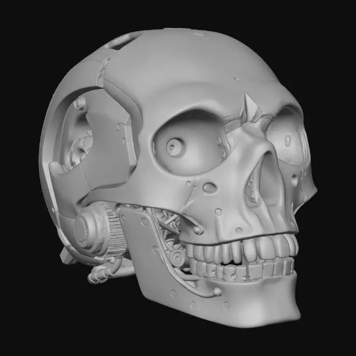 3D model for Un cráneo robótico metálico detallado, similar al de un T-800, con una superficie de cromo pulido y un acabado altamente reflectante. Los ojos son orbes de color rojo brillante que emiten luz, destacando en el oscuro metal. Su estructura imita la de un cráneo humano, con detalles intrincados de componentes mecánicos y articulaciones apenas visibles en la mandíbula y los lados, capturando la luz con reflejos nítidos y sombras profundas, lo que le otorga una estética futurista y siniestra.