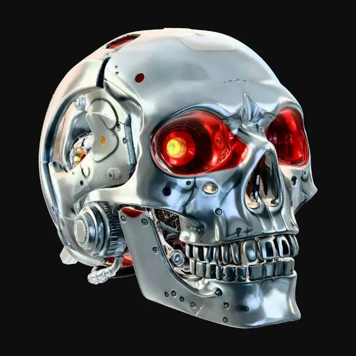 3D model for Un cráneo robótico metálico detallado, similar al de un T-800, con una superficie de cromo pulido y un acabado altamente reflectante. Los ojos son orbes de color rojo brillante que emiten luz, destacando en el oscuro metal. Su estructura imita la de un cráneo humano, con detalles intrincados de componentes mecánicos y articulaciones apenas visibles en la mandíbula y los lados, capturando la luz con reflejos nítidos y sombras profundas, lo que le otorga una estética futurista y siniestra.