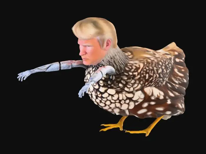 3D model for a studio shot of a beautiful game ready character, with exact proportions in reference image, the face of the president, on a chicken, with robotic arms. the arms are metal, with reallistic specular.