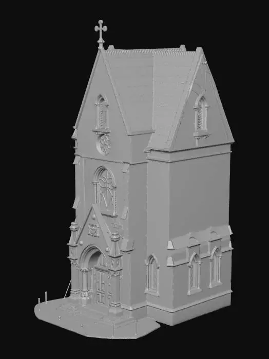 3D model for A detailed 3D model of a medium-sized Gothic-style church building, made of aged grey stone, with a tall central bell tower and a steep pitched roof covered in dark slate tiles. The facade has a large circular stained-glass rose window above the main entrance, tall narrow arched windows with colored glass along the sides, and a heavy wooden double door with iron hinges at the front. Flying buttresses support the side walls, and there are small stone spires and crosses along the roofline. The style is realistic, game-ready, with clean topology and no interior, only the exterior architecture visible.