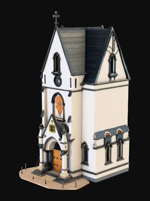 3D model for A detailed 3D model of a medium-sized Gothic-style church building, made of aged grey stone, with a tall central bell tower and a steep pitched roof covered in dark slate tiles. The facade has a large circular stained-glass rose window above the main entrance, tall narrow arched windows with colored glass along the sides, and a heavy wooden double door with iron hinges at the front. Flying buttresses support the side walls, and there are small stone spires and crosses along the roofline. The style is realistic, game-ready, with clean topology and no interior, only the exterior architecture visible.