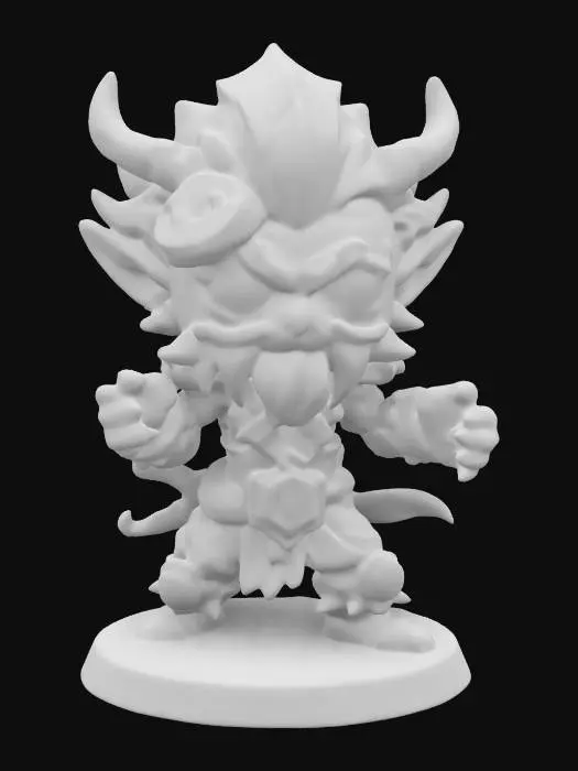 3D model for Malfurion Stormrage, First of the Druids from World of Warcraft.  Fighting pose. Chibi art style. Standing on a round base. Clearly defined facial features. Highly detailed.  Highly stylized. Ensure all walls and features are at least 2mm thick.  Include bold, recessed features with a depth of at least 2mm. Maintain sharp, clean lines with no unnecessary fine or jagged edges. Design embossed features to rise at least 2mm above the surface. Recess etched details at least 1mm deep for clarity.