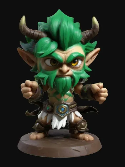 3D model for Malfurion Stormrage, First of the Druids from World of Warcraft.  Fighting pose. Chibi art style. Standing on a round base. Clearly defined facial features. Highly detailed.  Highly stylized. Ensure all walls and features are at least 2mm thick.  Include bold, recessed features with a depth of at least 2mm. Maintain sharp, clean lines with no unnecessary fine or jagged edges. Design embossed features to rise at least 2mm above the surface. Recess etched details at least 1mm deep for clarity.