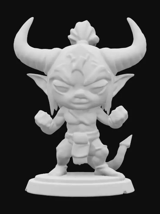 3D model for Vol'jin, Warchief of the Horde from World of Warcraft.  Fighting pose. Chibi art style. Standing on a round base. Clearly defined facial features. Highly detailed.  Highly stylized. Ensure all walls and features are at least 2mm thick.  Include bold, recessed features with a depth of at least 2mm. Maintain sharp, clean lines with no unnecessary fine or jagged edges. Design embossed features to rise at least 2mm above the surface. Recess etched details at least 1mm deep for clarity.