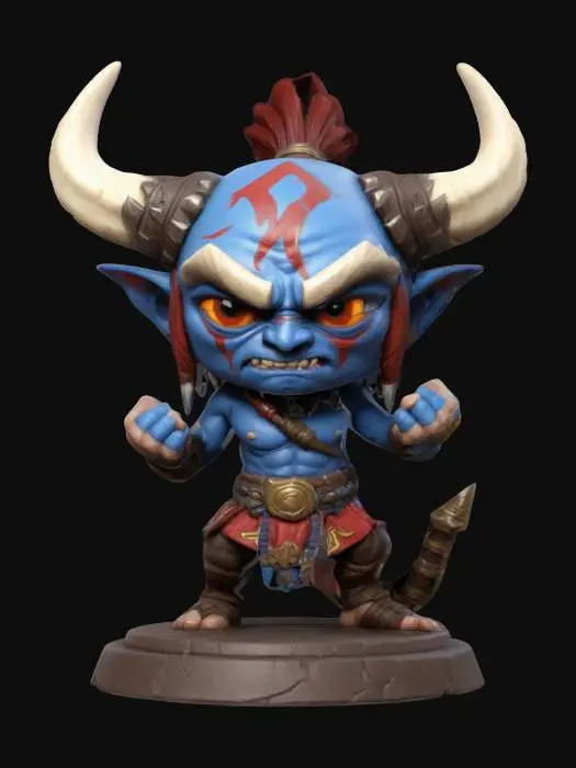 3D model for Vol'jin, Warchief of the Horde from World of Warcraft.  Fighting pose. Chibi art style. Standing on a round base. Clearly defined facial features. Highly detailed.  Highly stylized. Ensure all walls and features are at least 2mm thick.  Include bold, recessed features with a depth of at least 2mm. Maintain sharp, clean lines with no unnecessary fine or jagged edges. Design embossed features to rise at least 2mm above the surface. Recess etched details at least 1mm deep for clarity.