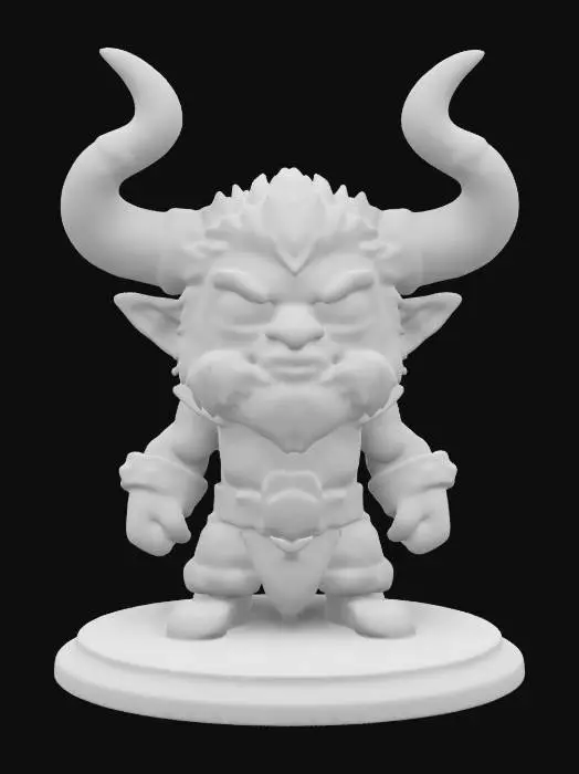 3D model for Baine Bloodhoof, Chieftain of the Tauren from World of Warcraft.  Fighting pose. Chibi art style. Standing on a round base. Clearly defined facial features. Highly detailed.  Highly stylized. Ensure all walls and features are at least 2mm thick.  Include bold, recessed features with a depth of at least 2mm. Maintain sharp, clean lines with no unnecessary fine or jagged edges. Design embossed features to rise at least 2mm above the surface. Recess etched details at least 1mm deep for clarity.