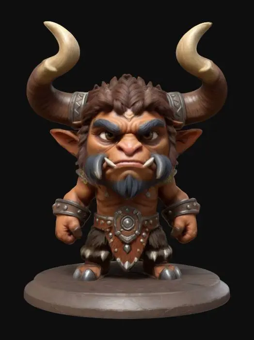 3D model for Baine Bloodhoof, Chieftain of the Tauren from World of Warcraft.  Fighting pose. Chibi art style. Standing on a round base. Clearly defined facial features. Highly detailed.  Highly stylized. Ensure all walls and features are at least 2mm thick.  Include bold, recessed features with a depth of at least 2mm. Maintain sharp, clean lines with no unnecessary fine or jagged edges. Design embossed features to rise at least 2mm above the surface. Recess etched details at least 1mm deep for clarity.