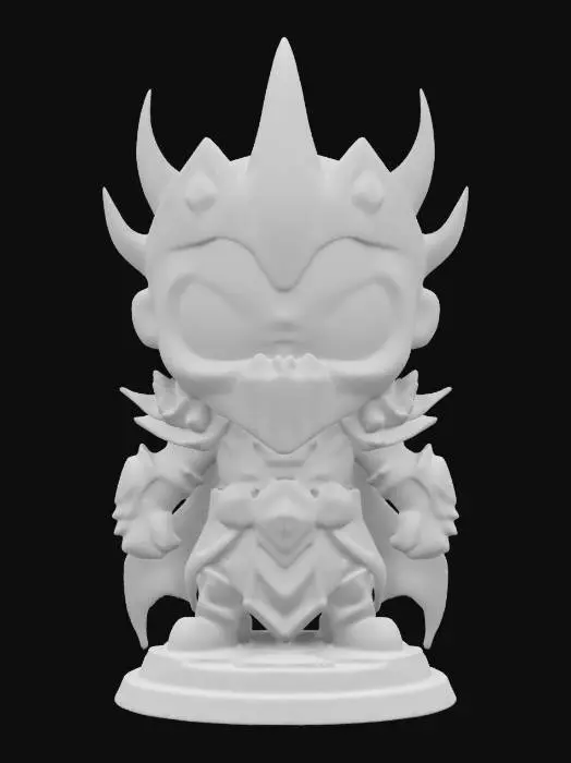 3D model for The Lich King, Lord of the Scourge from World of Warcraft.  Chibi art style. Standing on a round base. Clearly defined facial features. Highly detailed.  Highly stylized. Ensure all walls and features are at least 2mm thick.  Include bold, recessed features with a depth of at least 2mm. Maintain sharp, clean lines with no unnecessary fine or jagged edges. Design embossed features to rise at least 2mm above the surface. Recess etched details at least 1mm deep for clarity.