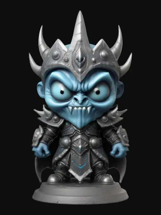 3D model for The Lich King, Lord of the Scourge from World of Warcraft.  Chibi art style. Standing on a round base. Clearly defined facial features. Highly detailed.  Highly stylized. Ensure all walls and features are at least 2mm thick.  Include bold, recessed features with a depth of at least 2mm. Maintain sharp, clean lines with no unnecessary fine or jagged edges. Design embossed features to rise at least 2mm above the surface. Recess etched details at least 1mm deep for clarity.