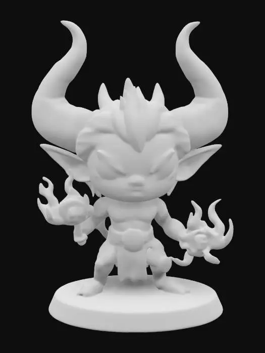 3D model for Illidan Stormrage, The Betrayer from World of Warcraft.  Holding a weapon.  Fighting pose. Chibi art style. Standing on a round base. Highly detailed.  Highly stylized. Ensure all walls and features are at least 2mm thick.  Include bold, recessed features with a depth of at least 2mm. Maintain sharp, clean lines with no unnecessary fine or jagged edges. Design embossed features to rise at least 2mm above the surface. Recess etched details at least 1mm deep for clarity.
