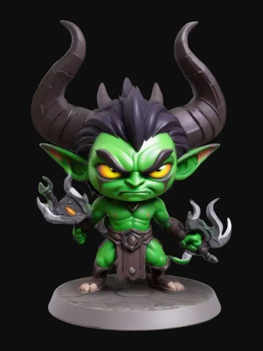 3D model for Illidan Stormrage, The Betrayer from World of Warcraft.  Holding a weapon.  Fighting pose. Chibi art style. Standing on a round base. Highly detailed.  Highly stylized. Ensure all walls and features are at least 2mm thick.  Include bold, recessed features with a depth of at least 2mm. Maintain sharp, clean lines with no unnecessary fine or jagged edges. Design embossed features to rise at least 2mm above the surface. Recess etched details at least 1mm deep for clarity.