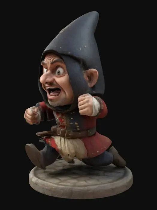 3D model for A medieval village crier with a distressed expression.  Mouth open, yelling.  Running pose.  Chibi art style. Standing on a round base. Highly detailed.  Highly stylized. Include bold details with thick shapes. Maintain sharp, clean lines with no unnecessary fine or jagged edges. Use bold embossed features and recessed details.