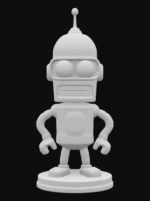 3D model for Bender from Futurama. Action pose. Chibi art style. Standing on a round base. Highly detailed.  Highly stylized. Deeply carved details. Ensure all walls and features are at least 2mm thick.  Include bold, recessed features with a depth of at least 2mm. Maintain sharp, clean lines with no unnecessary fine or jagged edges. Design embossed features to rise at least 2mm above the surface. Recess etched details at least 1mm deep for clarity.
