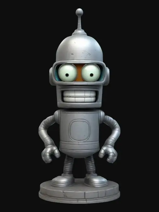 3D model for Bender from Futurama. Action pose. Chibi art style. Standing on a round base. Highly detailed.  Highly stylized. Deeply carved details. Ensure all walls and features are at least 2mm thick.  Include bold, recessed features with a depth of at least 2mm. Maintain sharp, clean lines with no unnecessary fine or jagged edges. Design embossed features to rise at least 2mm above the surface. Recess etched details at least 1mm deep for clarity.