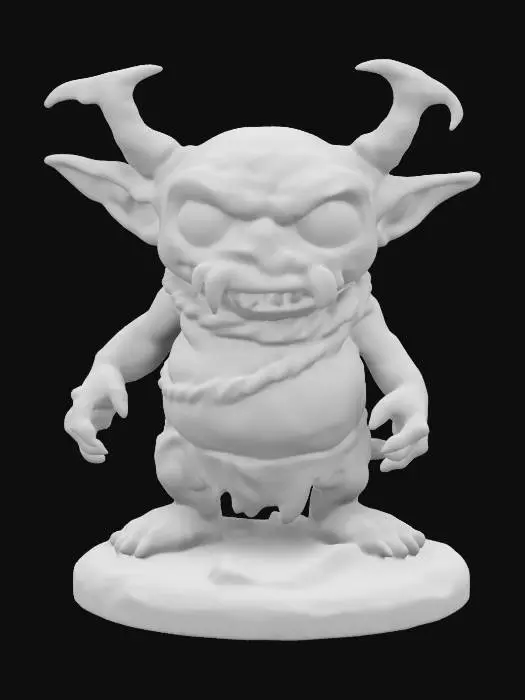 3D model for A grindylow. A water goblin with a pot belly and skeletal facial features.  Deep sunken eyes. Tentacle arms. Menacing expression. Wearing ragged clothing. Standing on a round water-themed base. Action pose. Chibi art style. Thick body and appendages. Oversized eyes. Highly stylized. Highly detailed.  Deeply sculpted detail. Bold recessed and embossed detail.  Chunky, blocky features. Well-defined edges. Sharp, hi-res detail.