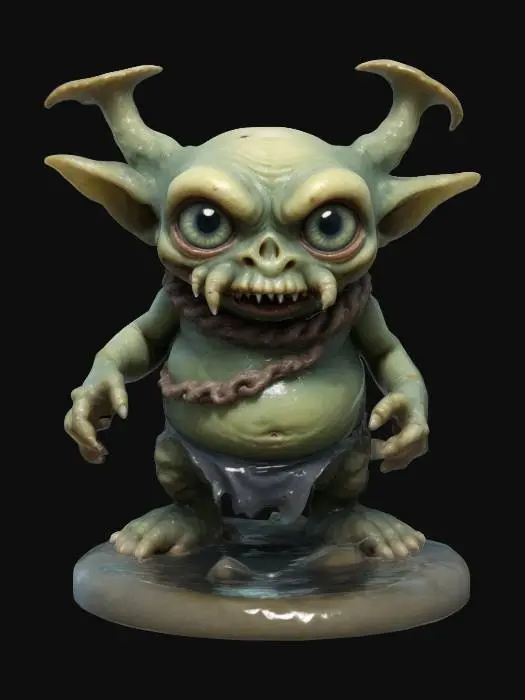 3D model for A grindylow. A water goblin with a pot belly and skeletal facial features.  Deep sunken eyes. Tentacle arms. Menacing expression. Wearing ragged clothing. Standing on a round water-themed base. Action pose. Chibi art style. Thick body and appendages. Oversized eyes. Highly stylized. Highly detailed.  Deeply sculpted detail. Bold recessed and embossed detail.  Chunky, blocky features. Well-defined edges. Sharp, hi-res detail.