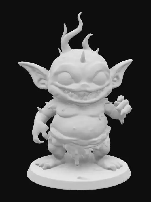 3D model for A grindylow. A water goblin with a pot belly and skeletal facial features.  Deep sunken eyes. Tentacle arms. Menacing expression. Wearing ragged clothing. Standing on a round water-themed base. Action pose. Chibi art style. Thick body and appendages. Oversized eyes. Highly stylized. Highly detailed.  Deeply sculpted detail. Bold recessed and embossed detail.  Chunky, blocky features. Well-defined edges. Sharp, hi-res detail.