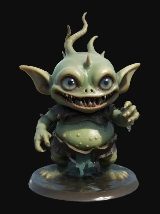 3D model for A grindylow. A water goblin with a pot belly and skeletal facial features.  Deep sunken eyes. Tentacle arms. Menacing expression. Wearing ragged clothing. Standing on a round water-themed base. Action pose. Chibi art style. Thick body and appendages. Oversized eyes. Highly stylized. Highly detailed.  Deeply sculpted detail. Bold recessed and embossed detail.  Chunky, blocky features. Well-defined edges. Sharp, hi-res detail.