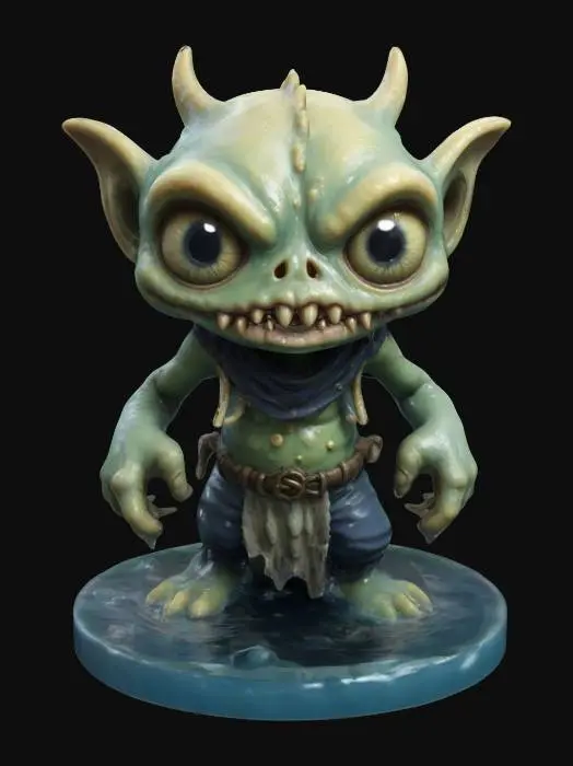3D model for A grindylow. A water goblin with skeletal facial features.  Deep sunken eyes. Tentacle arms. Menacing expression. Wearing ragged clothing. Standing on a round water-themed base. Action pose. Chibi art style.  Highly stylized. Highly detailed.  Deeply sculpted detail. Bold recessed and embossed detail.  Chunky, blocky features. Well-defined edges. Sharp, hi-res detail.