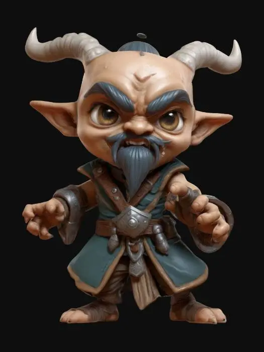 3D model for An alhoon for Dungeons & Dragons. Attack pose.  Chibi art style. Highly stylized. Bold embossed and engraved detail. Well-defined edges. Chunky sculpted detail. High resolution.