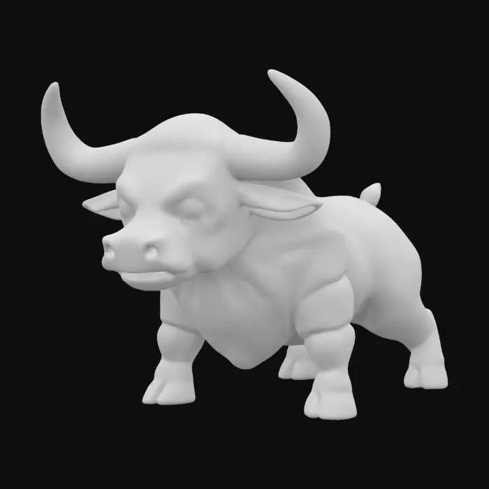 3D model for An Aurochs for Dungeons & Dragons. Attack pose.  Chibi art style. Highly stylized. Bold embossed and engraved detail. Well-defined edges. Chunky sculpted detail. High resolution.