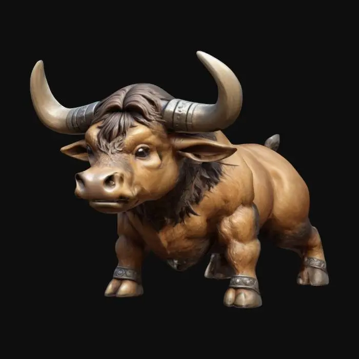 3D model for An Aurochs for Dungeons & Dragons. Attack pose.  Chibi art style. Highly stylized. Bold embossed and engraved detail. Well-defined edges. Chunky sculpted detail. High resolution.