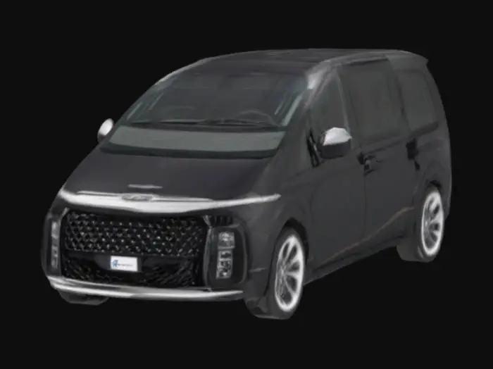 3D model for Hyundai Staria 2022, white color, ultra-realistic 3D model, minivan with futuristic spaceship-inspired design, sleek smooth aerodynamic body, wide panoramic windows, high-detail textures and materials, glossy white paint with subtle reflections, modern LED headlights, luxury interior visible through windows, photorealistic lighting, cinematic studio render, 4K resolution