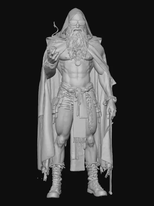 3D model for Trippy madman, wide gazing eyes, supernatural strength, but it all comes from the mind, living in spirals in time, he rules over a psychedelic universe, space is in place of his mouth, he wears a cloak that hides time, he's long, tall, linky, smoking a joint, rad designer custom clothing and boots, a cane, glasses, although he wanders he's never lost, he always carries dice, coins, and a stopwatch with a pinwheel which he dangles from his finger. His hair as sleek, shaved on the sides but a little shaggy on top, and he's covered in tattoos