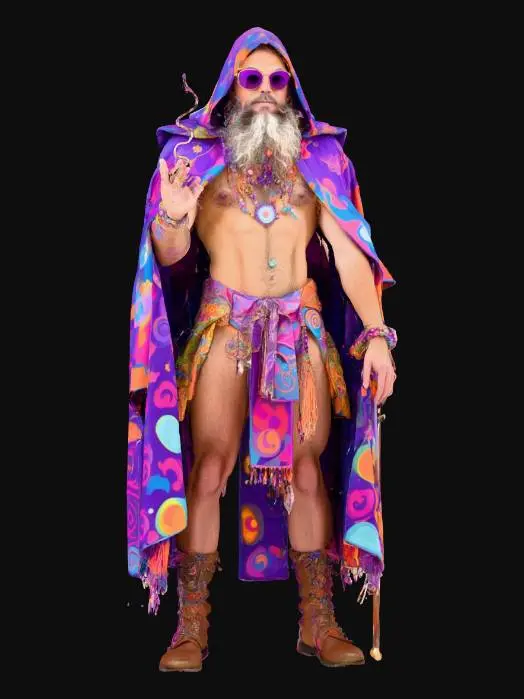 3D model for Trippy madman, wide gazing eyes, supernatural strength, but it all comes from the mind, living in spirals in time, he rules over a psychedelic universe, space is in place of his mouth, he wears a cloak that hides time, he's long, tall, linky, smoking a joint, rad designer custom clothing and boots, a cane, glasses, although he wanders he's never lost, he always carries dice, coins, and a stopwatch with a pinwheel which he dangles from his finger. His hair as sleek, shaved on the sides but a little shaggy on top, and he's covered in tattoos