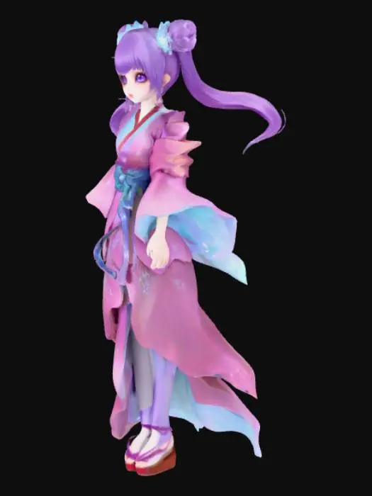 3D model for - Hair: Cascading violet strands in twin tails, floating as if buoyant. Translucent blue tips with iridescent sheen, reflecting bioluminescent highlights under angled light.
- Eyes: Large and moonlike, pale lavender with aquamarine starburst pupils—evoking the shimmer of deepwater creatures.
- Outfit:
- Flowing layered kimono stylized like jellyfish bells: petal-cut edges in ombre shades from coral pink to icy teal.
- Sleeves elongated and semi-transparent, etche
