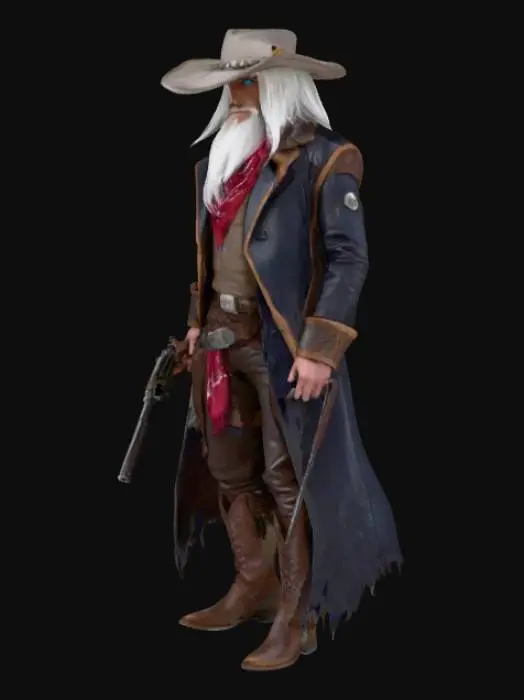 3D model for A silver-haired specter with piercing ice-blue eyes, he moves with the slow swagger of a seasoned gunslinger. His long, snow-white hair flows like desert wind beneath a weathered wide-brim hat. Dressed in a tattered leather duster, spurred boots, and a crimson bandana around his neck, he carries twin antique pistols—engraved, well-worn, yet deadly precise. Holsters ride low on his hips for quick draw. A jagged scar traces his cheek, hinting at battles long past. He doesn't speak much, but when he does, it’s gravel and mystery. His gaze? All judgment and memory