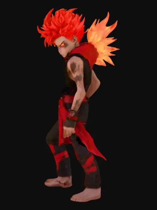 3D model for A fierce, hot-headed teen with spiky crimson hair and ember-colored eyes, he channels raw flame through his fists and spirit. Driven by loyalty and a burning desire to protect his friends, his power surges with emotion—unstable yet unstoppable. His outfit blends charred black and blazing red, often scorched from battle. Scarred but unbroken, he rises like a phoenix, each defeat fueling his fiery resolve.

