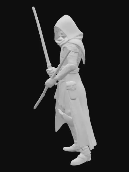3D model for  a rogue Jedi Knight exiled from the Order for embracing the Force’s duality. He wields a rare black lightsaber forged from a corrupted kyber crystal, symbolizing his mastery over fear and shadow, and an orange blade representing hope, balance, and fierce loyalty. His armor blends worn Jedi robes with scavenged Mandalorian plating, scarred but resilient. Kael’s face is marked by a vertical burn across one eye, a reminder of his survival against a Sith assassin. He moves with fluid aggression, combining Ataru acrobatics with Jar’Kai dual-blade precision. Haunted yet resolute, Kael protects the forgotten and lost, walking the line between light and dark to forge a new path for the Force.