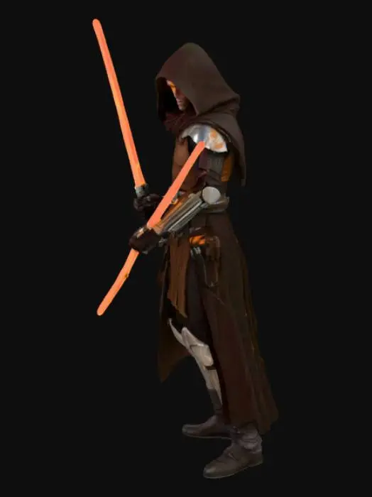 3D model for  a rogue Jedi Knight exiled from the Order for embracing the Force’s duality. He wields a rare black lightsaber forged from a corrupted kyber crystal, symbolizing his mastery over fear and shadow, and an orange blade representing hope, balance, and fierce loyalty. His armor blends worn Jedi robes with scavenged Mandalorian plating, scarred but resilient. Kael’s face is marked by a vertical burn across one eye, a reminder of his survival against a Sith assassin. He moves with fluid aggression, combining Ataru acrobatics with Jar’Kai dual-blade precision. Haunted yet resolute, Kael protects the forgotten and lost, walking the line between light and dark to forge a new path for the Force.