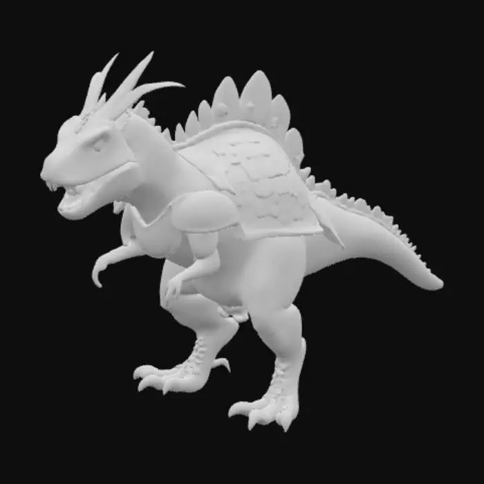 3D model for  a towering Tyrannosaurus Rex transformed into an ancient samurai warrior, standing at full height with one powerful foot forward. Its massive, muscular tail sweeps behind it in a dynamic curve that balances its stance. The T-Rex’s leathery skin is rendered in subtle scales, shaded in deep charcoal and slate tones to accentuate its formidable physique.
It wears intricately layered samurai armor—lacquered plates of dark steel and obsidian, edged with subtle silver inlays. Each pauldron mimics a dinosaur motif, with layered scales and spiked ridges echoing the T-Rex’s natural features. Segmented tassets protect its massive thighs, and a flexible kusazuri skirt hangs beneath its chest guard, the lacquered strips engraved with stylized crests of ancient reptilian clans.
The helmet (kabuto) 