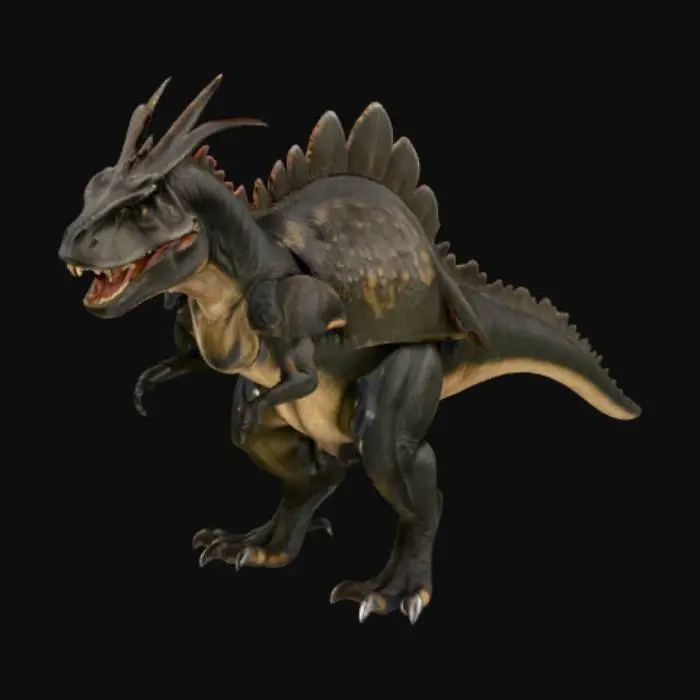 3D model for  a towering Tyrannosaurus Rex transformed into an ancient samurai warrior, standing at full height with one powerful foot forward. Its massive, muscular tail sweeps behind it in a dynamic curve that balances its stance. The T-Rex’s leathery skin is rendered in subtle scales, shaded in deep charcoal and slate tones to accentuate its formidable physique.
It wears intricately layered samurai armor—lacquered plates of dark steel and obsidian, edged with subtle silver inlays. Each pauldron mimics a dinosaur motif, with layered scales and spiked ridges echoing the T-Rex’s natural features. Segmented tassets protect its massive thighs, and a flexible kusazuri skirt hangs beneath its chest guard, the lacquered strips engraved with stylized crests of ancient reptilian clans.
The helmet (kabuto) 