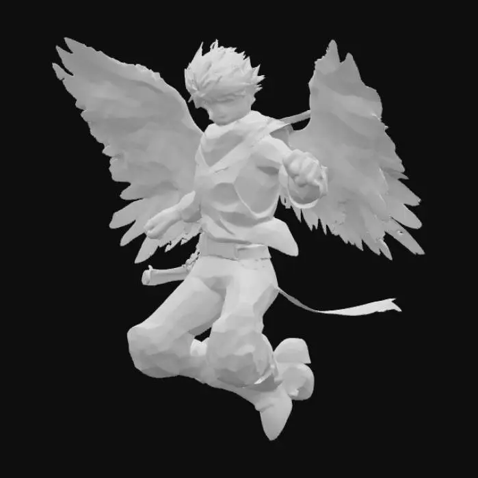 3D model for A dynamic anime-style male shōnen miniature, posed mid-leap with fierce determination. His spiky hair flares with energy, eyes blazing with resolve. Feathered wings burst from his back—sleek, powerful, and slightly tattered from battle. He wears a layered outfit: a sleeveless jacket over a fitted combat suit, with belts, straps, and flowing scarf adding motion. One hand grips a glowing blade, the other clenched in defiance. The sculpt captures raw emotion and heroic flair, perfect for painting dramatic highlights and shadows.
