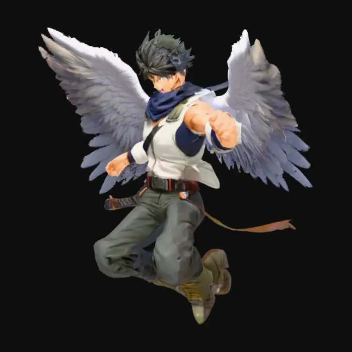 3D model for A dynamic anime-style male shōnen miniature, posed mid-leap with fierce determination. His spiky hair flares with energy, eyes blazing with resolve. Feathered wings burst from his back—sleek, powerful, and slightly tattered from battle. He wears a layered outfit: a sleeveless jacket over a fitted combat suit, with belts, straps, and flowing scarf adding motion. One hand grips a glowing blade, the other clenched in defiance. The sculpt captures raw emotion and heroic flair, perfect for painting dramatic highlights and shadows.
