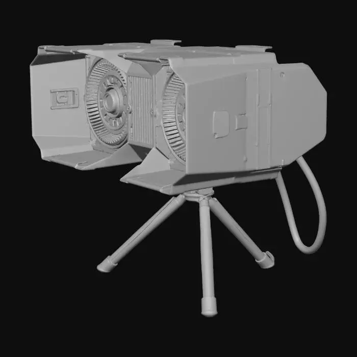 3D model for Create a white with black components industrial dual-head work light for heavy-duty use, realistic 3D product model. Two powerful rectangular LED floodlights mounted on a reinforced central bracket, symmetrical design. Thick aluminum housing with matte white powder-coated finish, visible cooling fins, industrial screws and bolts. Protective metal grille over each lamp, impact-resistant tempered glass. Mounted on a heavy-duty adjustable steel tripod with locking clamps, wide stable legs with rubber feet. Exposed power cable with industrial connector, IP65 waterproof rating. Designed for construction sites and outdoor industrial environments.белого фонарика