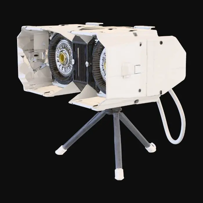 3D model for Create a white with black components industrial dual-head work light for heavy-duty use, realistic 3D product model. Two powerful rectangular LED floodlights mounted on a reinforced central bracket, symmetrical design. Thick aluminum housing with matte white powder-coated finish, visible cooling fins, industrial screws and bolts. Protective metal grille over each lamp, impact-resistant tempered glass. Mounted on a heavy-duty adjustable steel tripod with locking clamps, wide stable legs with rubber feet. Exposed power cable with industrial connector, IP65 waterproof rating. Designed for construction sites and outdoor industrial environments.белого фонарика