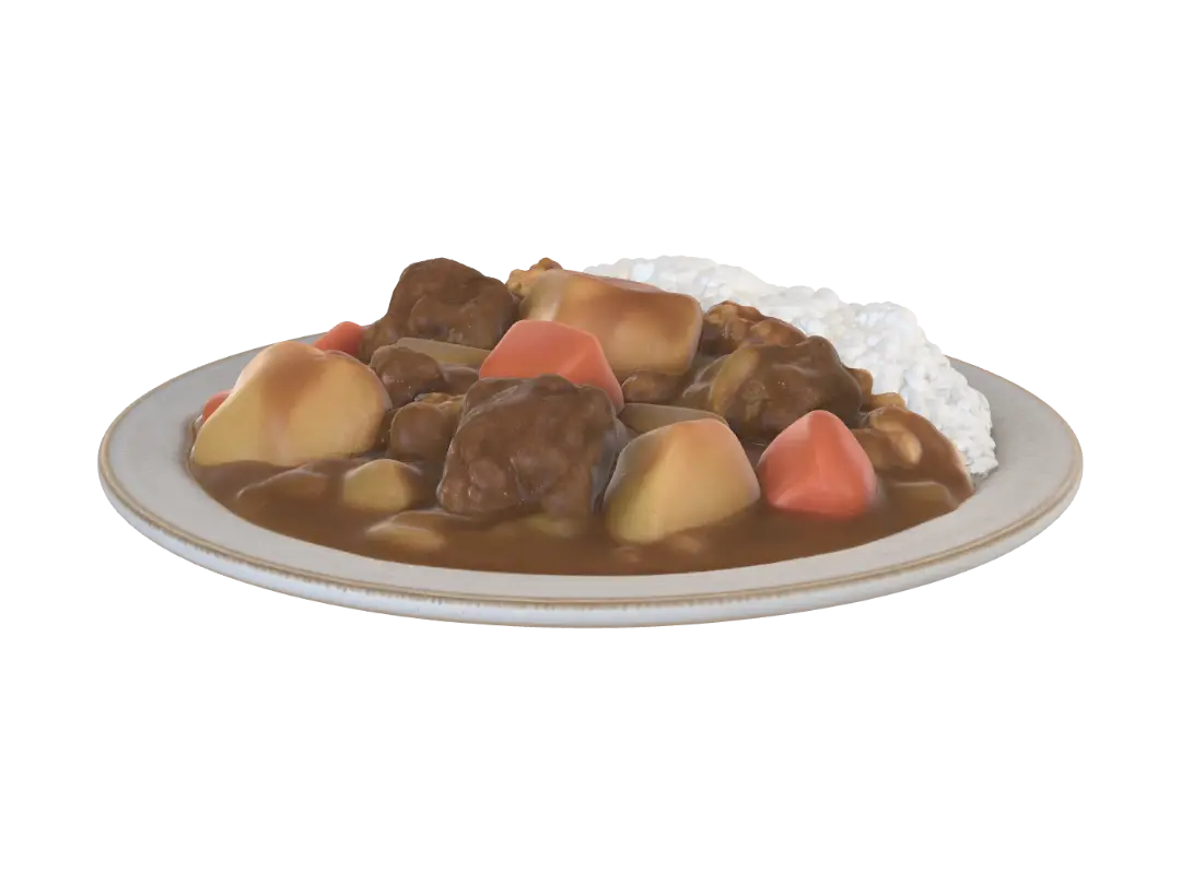 Beef curry with vegetables and rice 3D model, vytvořený pomocí AI