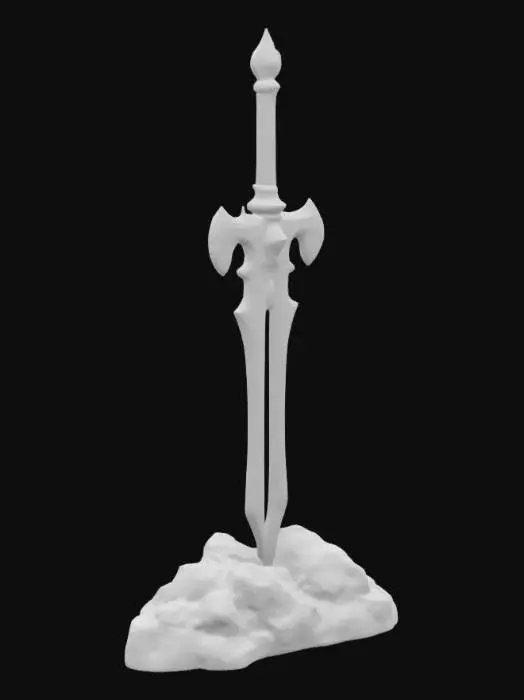 3D model for 整体构图：
生成一把石中剑。剑嵌入一块孤立的岩石之上，岩石表面风化自然，坐落于清晨薄雾中的静谧原野或古老神殿废墟。

剑的外观：

剑刃：长度约1.2米，金属表面轻微反光，有细腻的纹理，如古代水波纹钢。边缘微带冷蓝色晕光，呈镜面光泽却不过分刺眼。

剑格：翼形十字护手，线条简洁，边缘略带羽翼刻痕，无任何装饰或铭文，结构对称且优雅。

剑柄：深灰色金属与暗金线缠绕融合，通体无符号、无铭刻。剑首顶端镶嵌一颗细小、浅蓝色宝石，如黎明星辰般低调发光。

岩石基座：

岩石呈浅灰色、带有青苔痕迹，纹理粗粝，显出时间的厚重。

剑身嵌入处有微微的裂缝，如同它曾被雷霆击中般神圣。