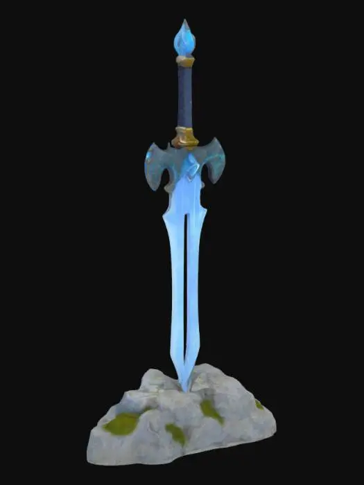 3D model for 整体构图：
生成一把石中剑。剑嵌入一块孤立的岩石之上，岩石表面风化自然，坐落于清晨薄雾中的静谧原野或古老神殿废墟。

剑的外观：

剑刃：长度约1.2米，金属表面轻微反光，有细腻的纹理，如古代水波纹钢。边缘微带冷蓝色晕光，呈镜面光泽却不过分刺眼。

剑格：翼形十字护手，线条简洁，边缘略带羽翼刻痕，无任何装饰或铭文，结构对称且优雅。

剑柄：深灰色金属与暗金线缠绕融合，通体无符号、无铭刻。剑首顶端镶嵌一颗细小、浅蓝色宝石，如黎明星辰般低调发光。

岩石基座：

岩石呈浅灰色、带有青苔痕迹，纹理粗粝，显出时间的厚重。

剑身嵌入处有微微的裂缝，如同它曾被雷霆击中般神圣。