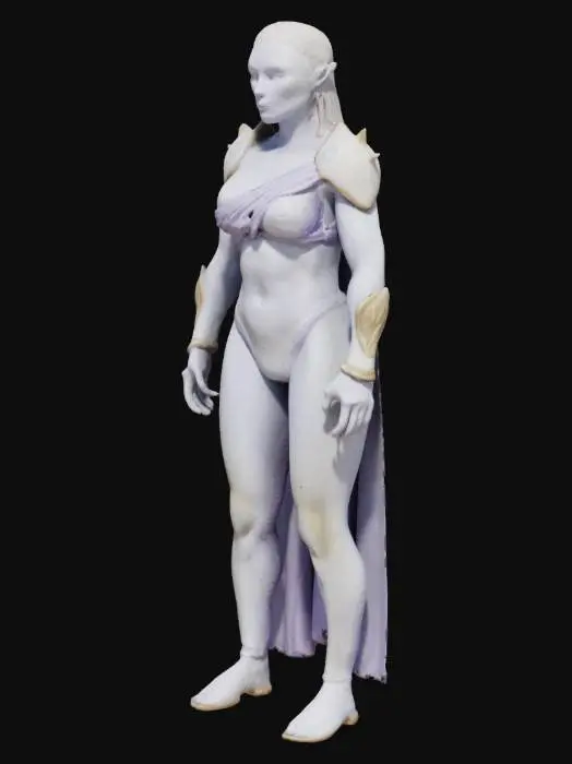 3D model for Pearl-Satin Guardian
Female: A hulking, female pearl-satin guardian with a chubby, muscular frame, its body a lustrous pearl white with symmetrical streaks of shimmering oyster gray that catch the light. It is adorned with a satin-like sash of soft lavender that wraps symmetrically across its chest, and it stands in a solid pose, its eyeless head glowing with a delicate, opulent sheen.