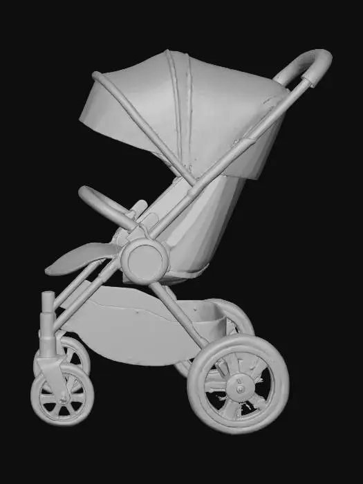 3D model for A modern baby stroller featuring a lightweight, matte grey aluminum frame and soft, breathable light blue polyester fabric for the seat and canopy, accented with white stitching. It has large, sturdy black rubber wheels with a subtle tread, an adjustable handle with a smooth black ergonomic grip, and a deep storage basket underneath. A five-point safety harness is clearly visible.
