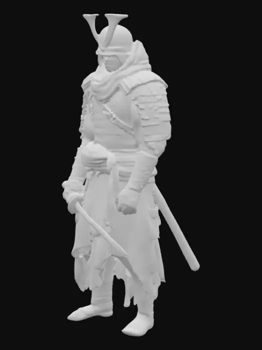 3D model for A lone battle-worn samurai standing in a misty forest, inspired by Sekiro: Shadows Die Twice. He wears torn, layered armor with cloth wraps, a tattered scarf flowing in the wind, and a prosthetic arm crafted from dark metal and wood. His katana rests unsheathed, reflecting faint moonlight. The atmosphere is cinematic and grim, with falling leaves, distant temple ruins, and an ominous silence. Hyper-detailed textures, cinematic lighting, gritty and realistic art style, dark fantasy tone, 8K resolution, ultra-realistic shadows and reflections.

